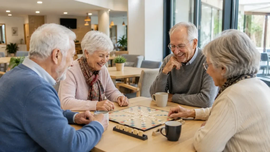 Seniors jouant à un jeu de société dans l'espace commun d'une résidence senior